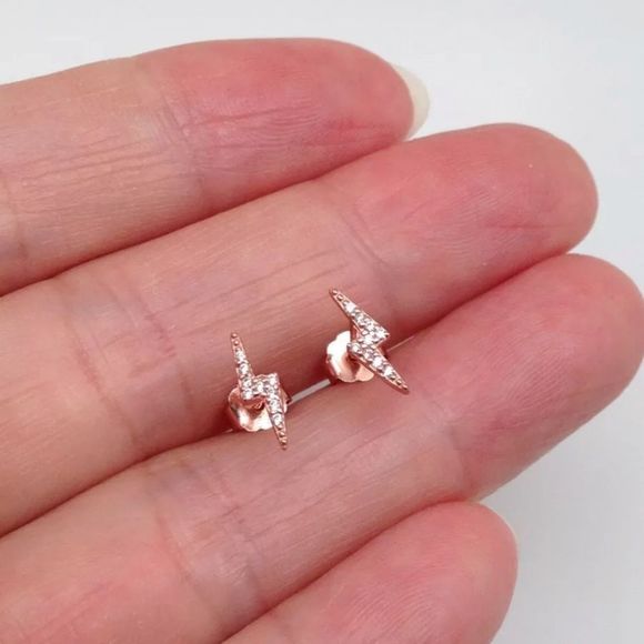 925 Sterling Silver Lightning Bolt Stud Earrings - Picture 8 of 9